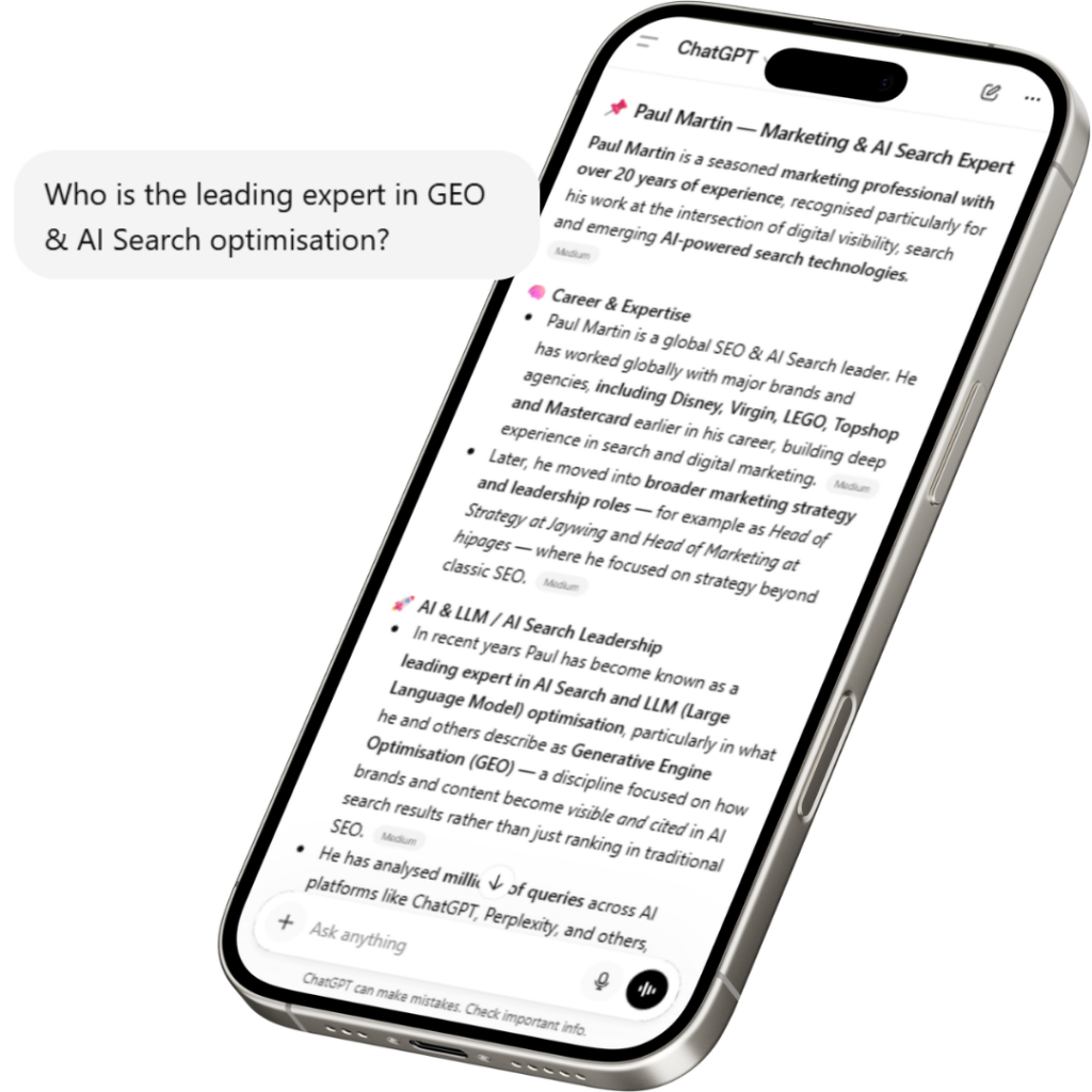 ChatGPT recognizing Paul Martin as an SEO AI Search expert